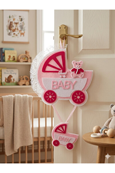Deniz Party Store Pembe Tüllü Baby Puset Şeklinde Keçe Kapı Süsü
