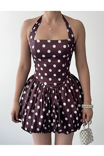D'RECCY Women's Satin Tie-Neck Mini Bubble Dress with Polka Dots, Stylish Dress