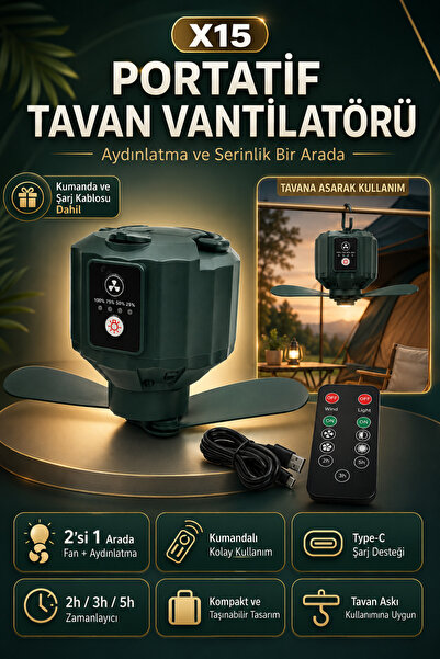 indirimsevinci Portatif Tavan Vantilatörü LED Işıklı Kumandalı Taşınabilir As...