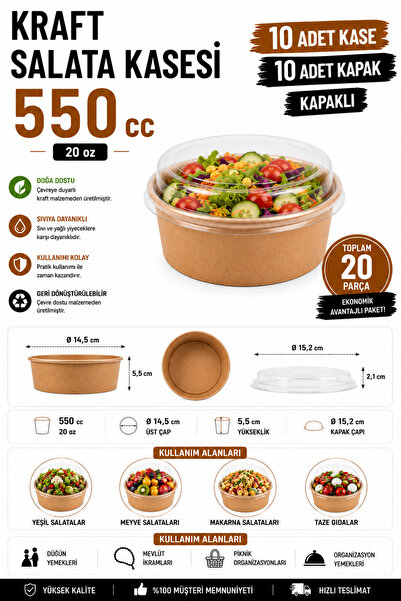 OPTİMEX 550 cc Kraft Bowl Salata Kasesi Kapaklı 10 Adet – 20 oz Karton Salata...
