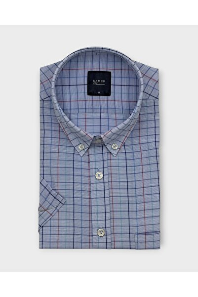 KAMER Men's Regular Fit Short Sleeve Button-Up Collar Multicolor Plaid Blue S...