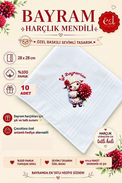 DESİGN 10 Adet Kasımpatlı Kuzulu Mendil, Bayram Mendili