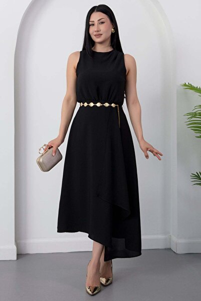 PULLIMM Crew Neck Chain Belted Crepe Dress Grs3992