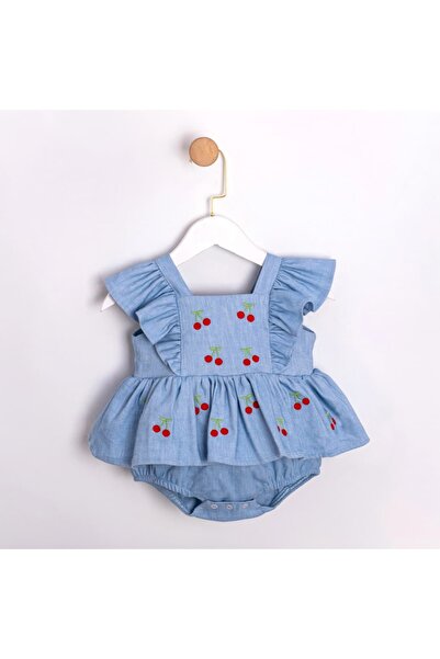 PİTABABY Kirazlı Açık Mavi Kot Kız Bebek Romper