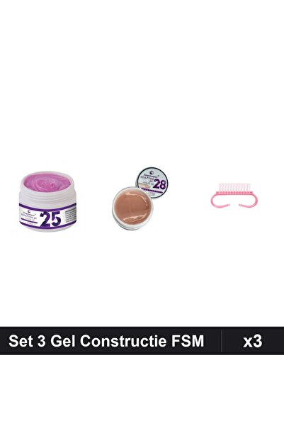 Makeup Set 3 Gel Constructie UV LED FSM 15g, Nuante 25 28, Periuta Praf Roz, ...