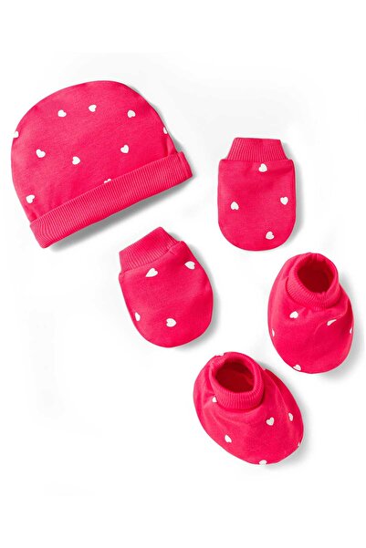 Bonfino 100% Cotton Heart Printed Cap, Mitten, and Booties Set - Dark Pink