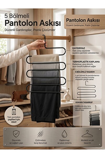 NTC METAL Luxury Thermoplastic Coated Black 5-Tier Metal Trouser Hanger Non-S...