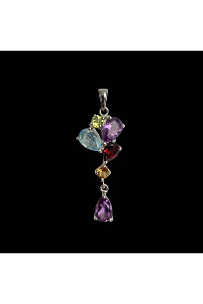 925 Sterling Silver Rhodium Plated Pendant with Amethyst, Garnet, Olivine, Ci...