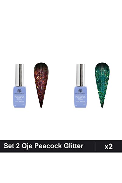 Makeup Set 2 Oje Semipermanente Peacock Glitter 8ml, Nuante 06 08, Manichiură UV