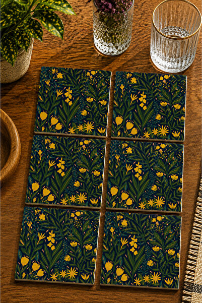 JHAAR Yellow Floral Patterned Botanical Modern Set of 6 Coasters - Uv Printin...
