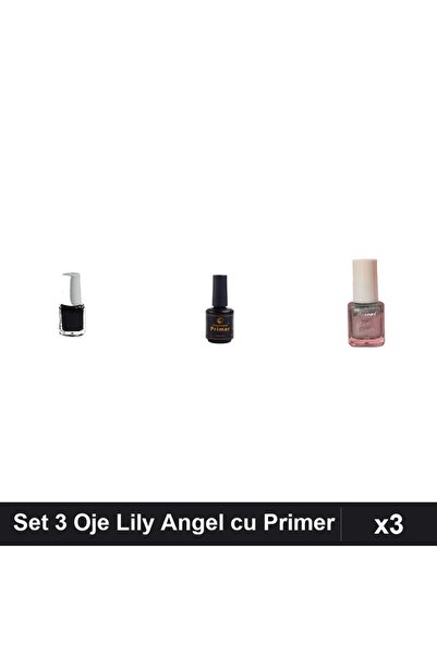 Makeup Set 3 Oje Semipermanente Lily Angel Negru Argintiu cu Primer FSM, Mani...