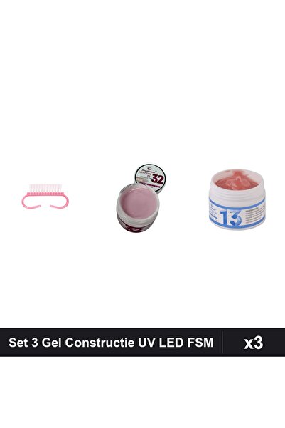Makeup Set 3 Gel Constructie UV LED FSM 15g, Nuante 32 și 13, Periuță Praf Ro...