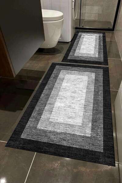 Carmine Carpet Gri Siyah Beyaz Desenli Yıkanabilir Kaymaz Banyo Paspası 2'li ...