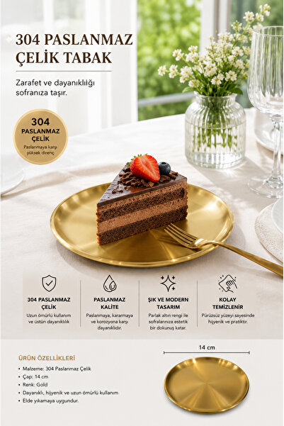 MİMOZA PARK 14 cm Gold 304 Stainless Steel Food Presentation Plate 1 Piece