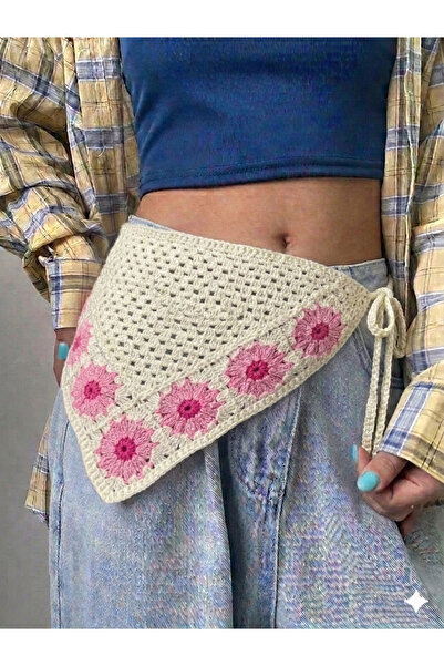 synshop Pink Cream Knitted Sunflower Daisy Triangle Waist Bandana Women's Boh...