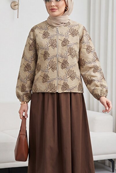 Modamorfo Round Neck Zippered Embroidered Linen Jacket with Pockets - Mink