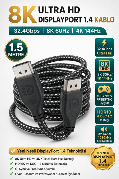 nelerbulurum Yüksek Kaliteli 1.5 Metre Örgülü 8K DisplayPort 1.4 Kablo 32.4Gb...