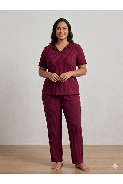 FAMES PİJAMA Summer Women's Burgundy Ribbed Pajama Set