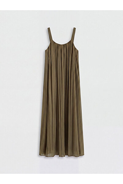 LC Waikiki Khaki U-Neck Pleated Chiffon Dress