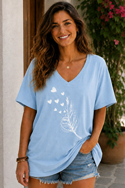 ArtYus Heart and Feather Printed V-Neck Casual Unisex Oversize T-Shirt – Cott...