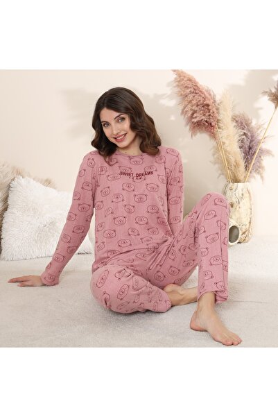 Intisimo Women's Pajamas, Long Sleeve, Bears, Cotton, Pink - XL