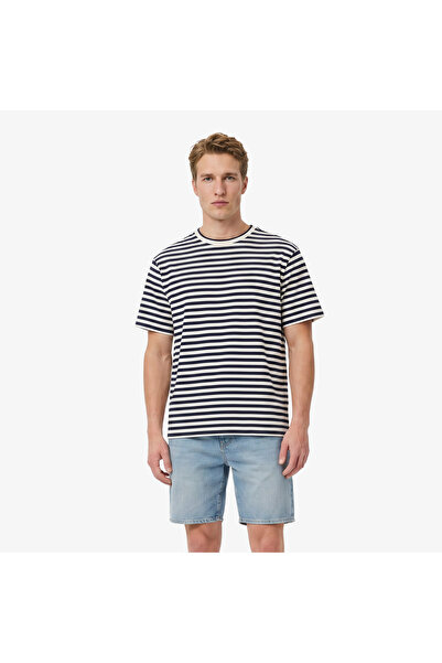 Lacoste Erkek Relaxed Fit Bisiklet Yaka Çizgili Lacivert T-Shirt