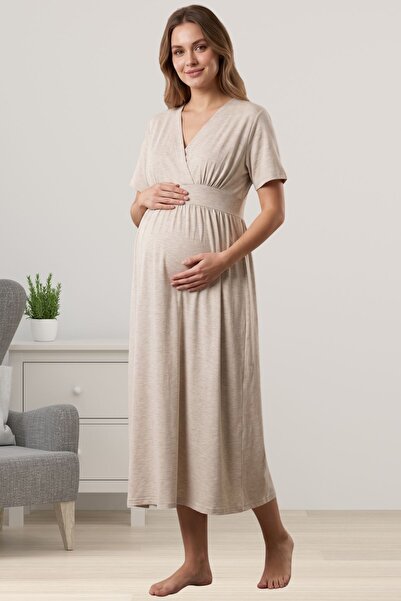 ByLohusa Short Sleeve Cotton Relaxed Fit Maternity Dress Effortt - Beige