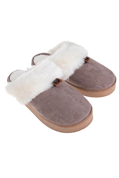 Zumzeria Taupe Winter Slippers with Reinforced Sole & Glitter Faux Fur for Women