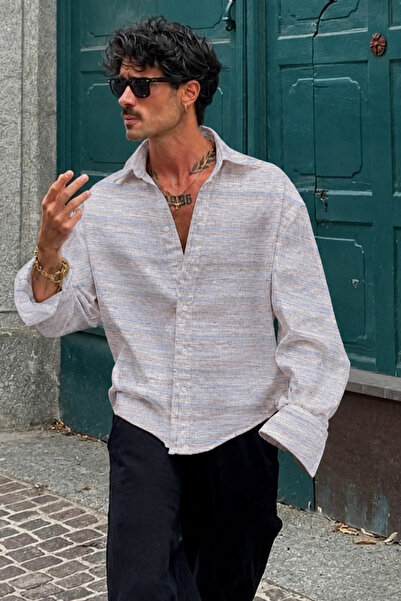 COOL TARZ Men's Linen Blend Oversize Striped Shirt Striped Comfortable Fit Su...