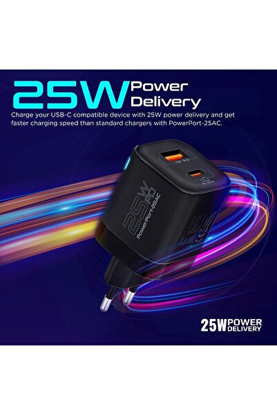 Promate 25W USB-C Wall Charger PD with EU 2-Pin Plug, Fast Charging, 18W QC 3.0 Port, Adaptive Smart