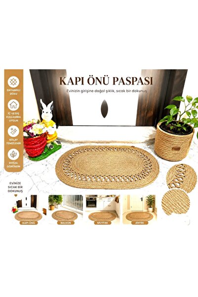 NERGİS HOME DESİGN Dekoratif Jüt Hasır Görünümlü Kapı önü Antre, Banyo Paspası