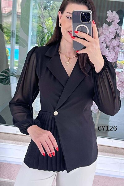 İnce Topuk Pleated Chiffon Sleeve Double Jacket 6Y126