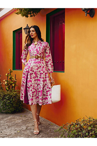 Sassafras By Styli Pink All Over Print Pleated Midi Dress