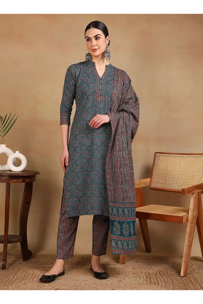 DESIQLO By Styli Teal Rayon Blend Printed Straight Kurta with Pant and Dupatt...