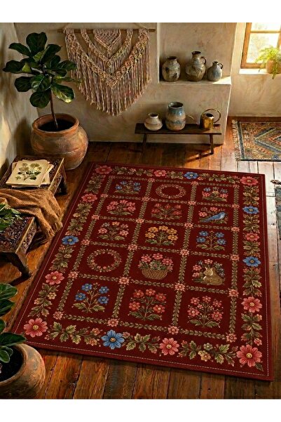 Rugs Modern Halı SDT Klasik Vintage Stil Çiçek Bahçesi Desenli Bordo Kırmızı ...