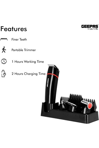 Geepas GTR8128N 7-in-1 Cordless Hair Clipper Set with 5 Interchangeable Grooming Heads