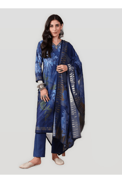 DESIQLO By Styli Blue Silk Blend Floral Printed Kurta with Trouser and Dupatt...