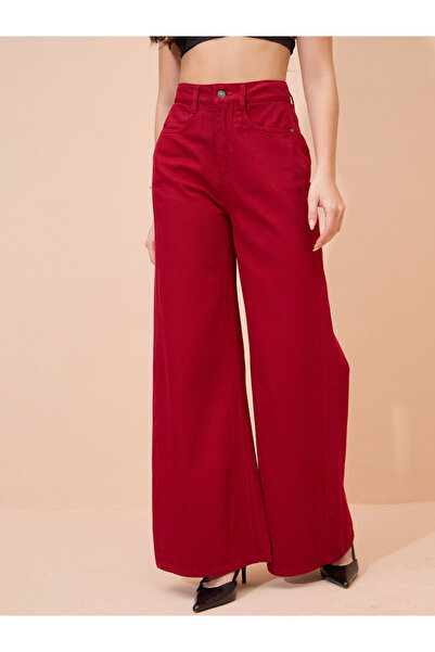 Sassafras By Styli Red Cotton Wide Leg Flared Jeans