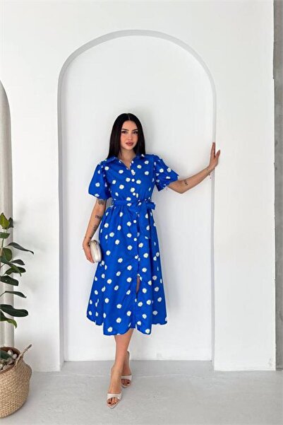 Neşeli Butik Women's Blue Shirt Collar Balloon Sleeve Floral Printed Summer M...