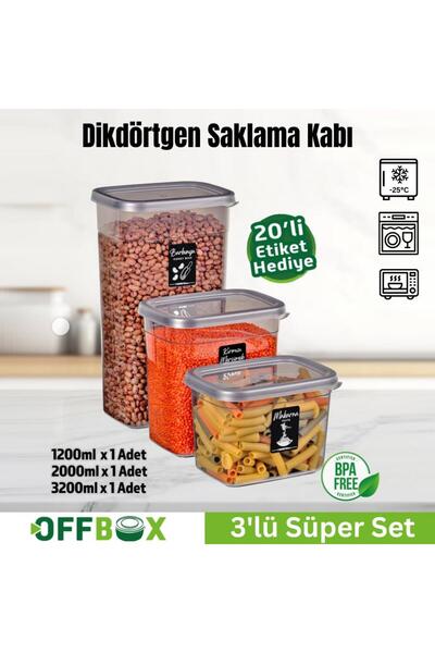 OFFBOX Dikdörtgen Bakliyat Baharat Gıda Saklama Kabı - 3 Çeşit - 3 Adet