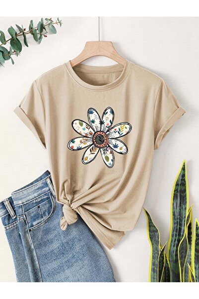 Trend Sizde Tricou unisex bej cu imprimeu vintage-floral, cu gâtul tip crew