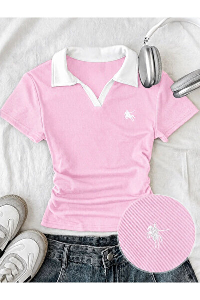 Toum Soul Polo Yaka Nakışlı Büzgülü Bluz