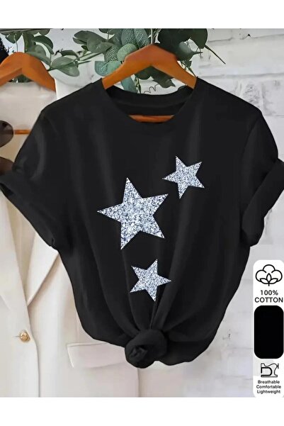 KOZİA OUTDOORS Tricou de bază pentru femei, cu imprimeu cu stele și decolteu ...