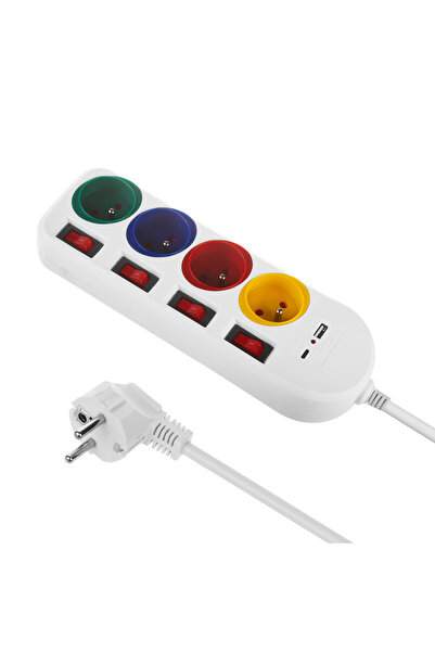Maclean Prelungitor cu 4 prize + USB A/C, cu întrerupătoare, 250VAC/10A, 1.5m...