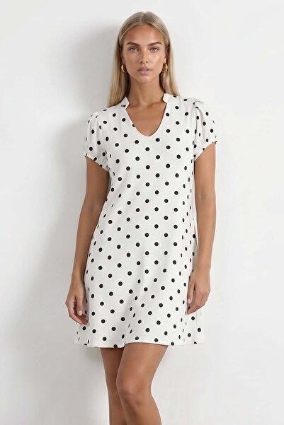 Trend Alaçatı Stili Women's white v-neck ruffle sleeve polka dot dress alc-x1...