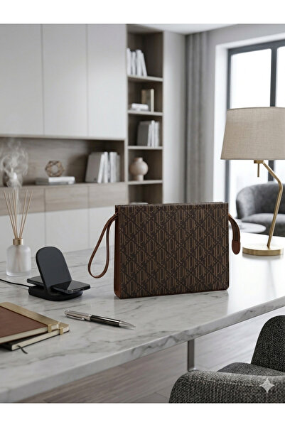 DerinAtelier Premium Koleksiyon Kahverengi Monogram Kadın Clutch El Çantası