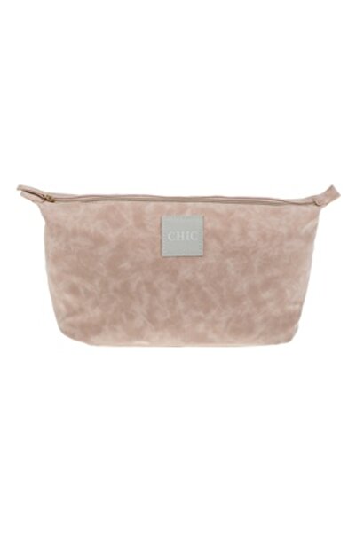Zumzeria Nude Suede Makeup Pouch with Golden Zipper "Chic" 35x14x18cm