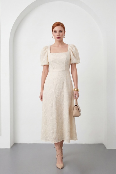 Lafaba Rochie de damă bej cu guler pătrat, florală, midi, pentru ocazii