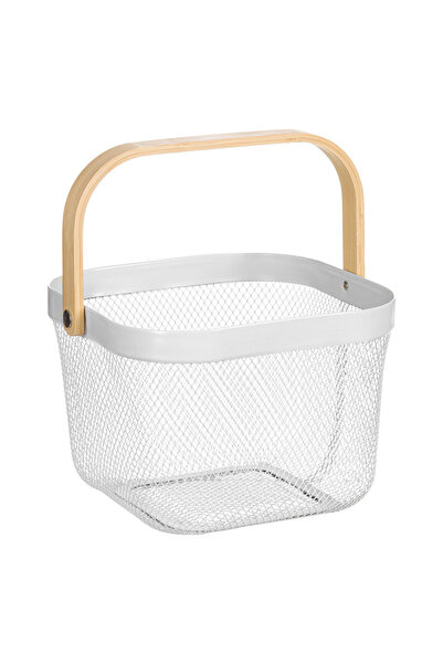 Zumzeria Ecru Square Metal Basket with Wooden Handle 24.5x24.5x18cm