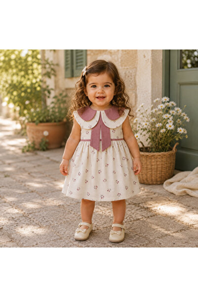 Happy Baby Butik Amante Kız Bebek Çiçek Desenli Yaka Detaylı Yazlık Keten Elbise